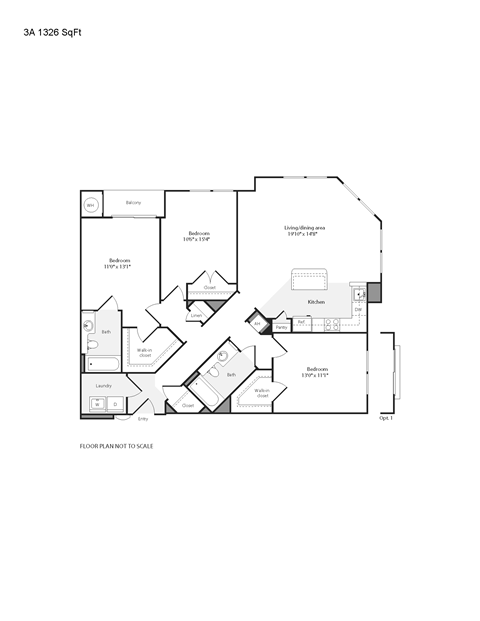 Floor plan for 3 beds, 2 baths, 1326 sqft